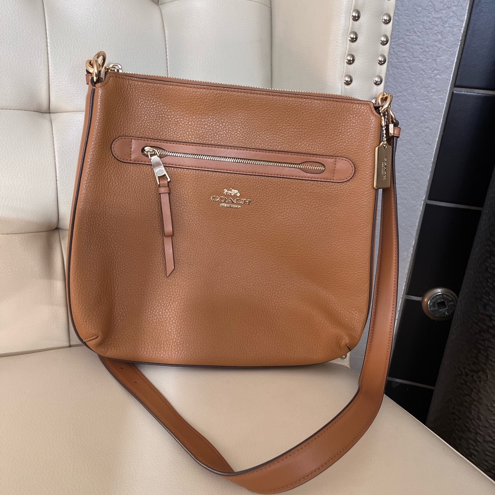 Coach Cognac Pebbled Leather Crossbody Bag with Gold Hardware